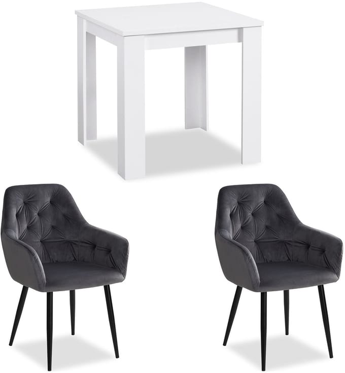 Homestyle4u Eethoeken - 80x80 cm - met 2 stoelen - Eettafel wit - Stoel Grijs