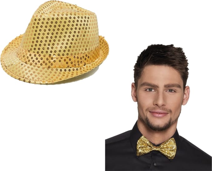 Faram Party verkleed hoedje en strikje - Goud glitters - Verkleedkleding