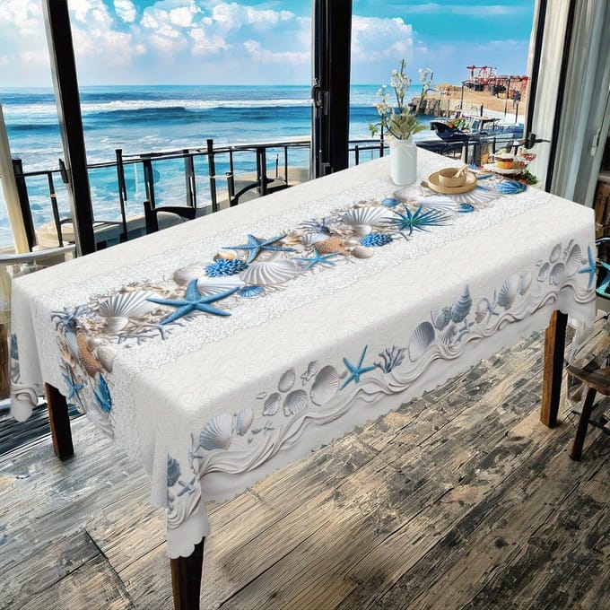 Tafelkleed met Oceaan Thema, Kuststrand Stijl Tafelhoes Zeester Schelp Schelp Koraal Zand Vlinder Print, Polyester Rond Rechthoek 140x200cm