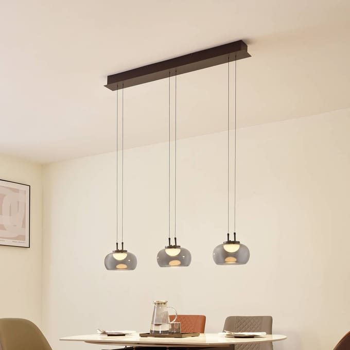 Lucande LED hanglamp Dain, 3-lamps, rookgrijs, glas