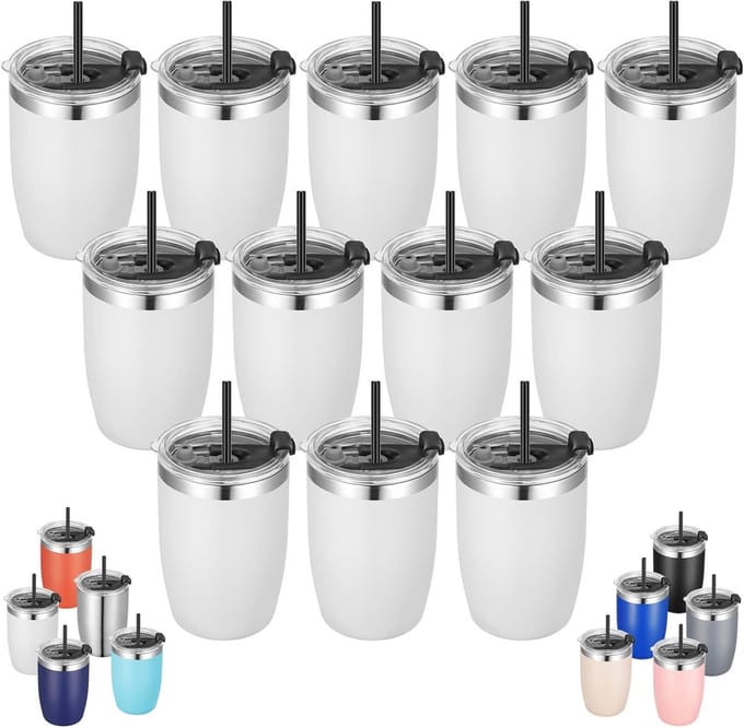Set van 12 RVS Bekers met Deksel en Rietje Dubbelwandig 350 ml