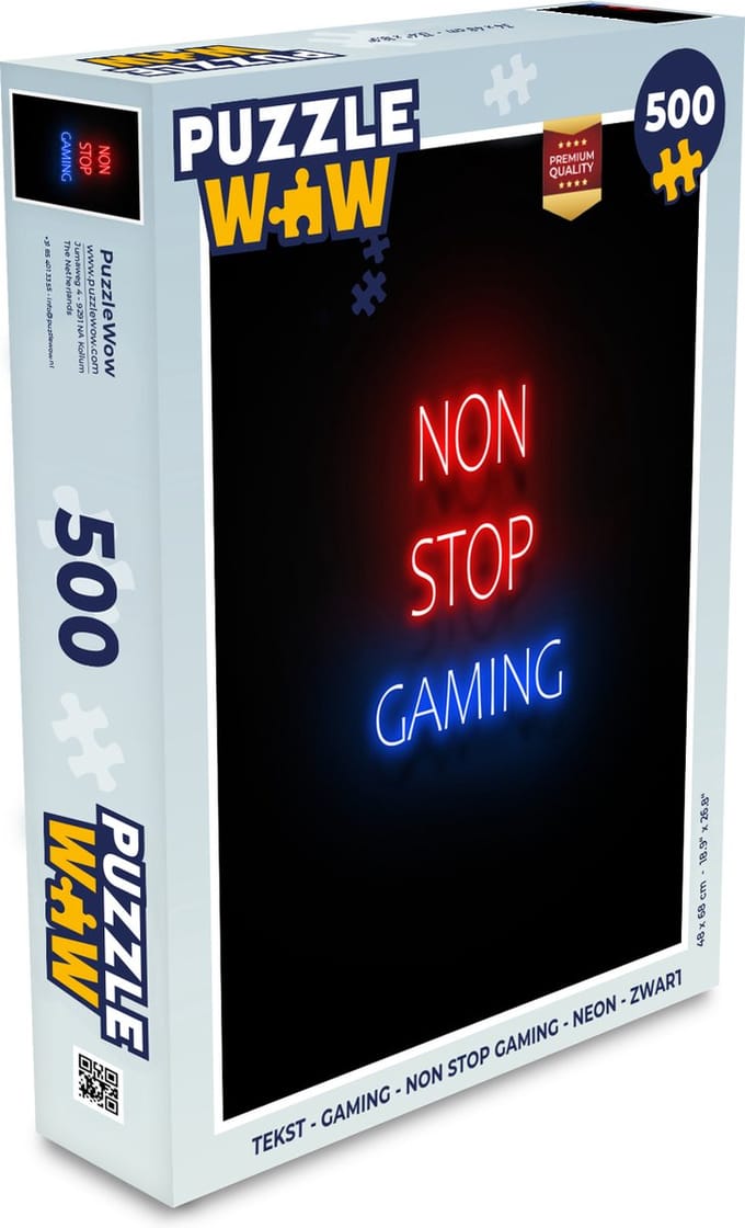 Puzzel Tekst - Gaming - Non stop gaming - Neon - Zwart - Legpuzzel - Puzzel 500 stukjes