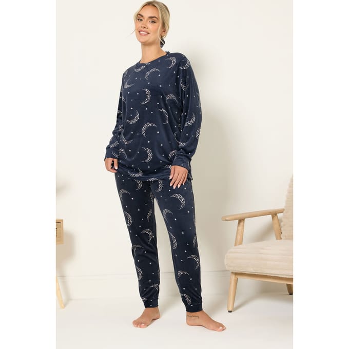 Yours Marineblauwe Maan & Ster Fleece Pyjama & Scrunchie Set Size 46-48