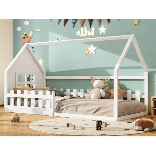 Merax Cabinebed 90 x 200 cm, kinderbed met raam, grenenhout, lattenbodem, Wit