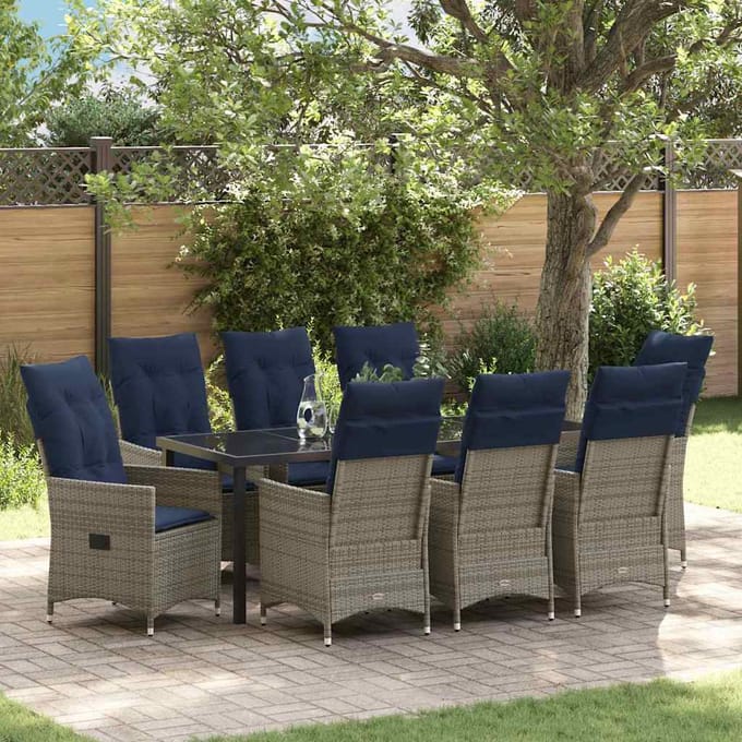 vidaXL - Tafel - en - stoelen - set - 9 - st - Grijs - PE - Riet