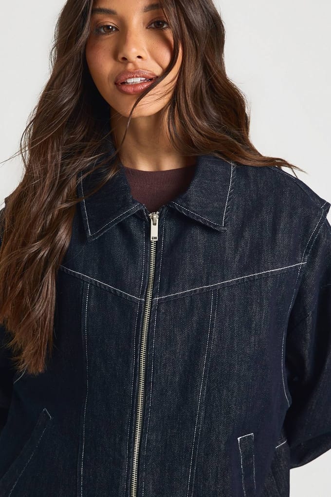 boohoo Dames Denim Bomberjack Met Contrasterende Stiksels | Indigo | Maat: 34