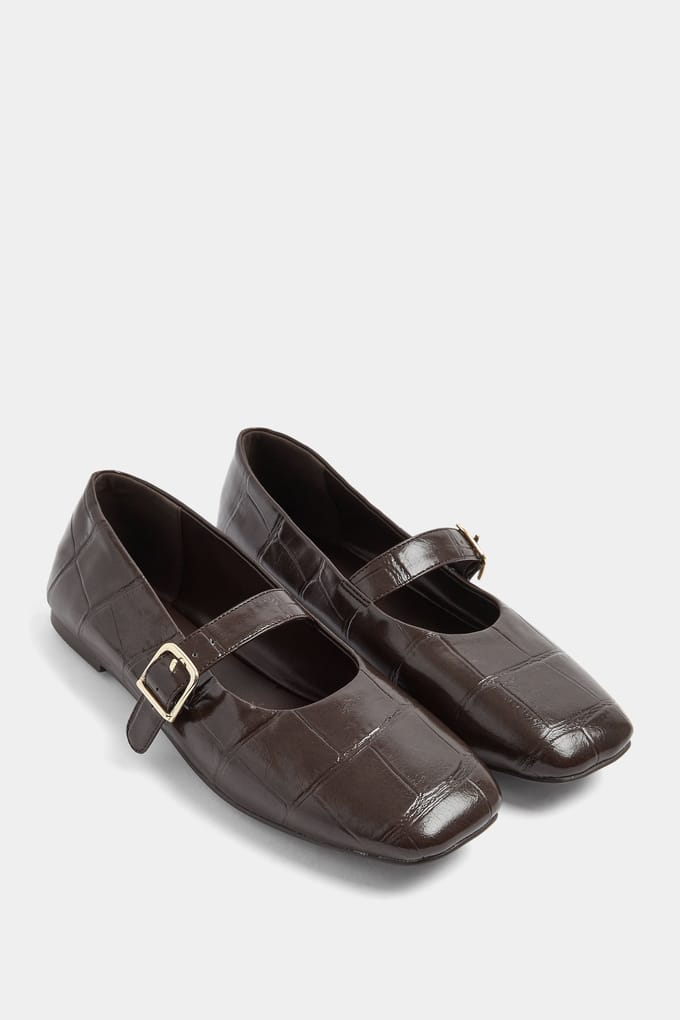 Yours Chocoladebruine Krokoprint Gesp Detail Mary Jane Flats In Wide E Fitsize 42E