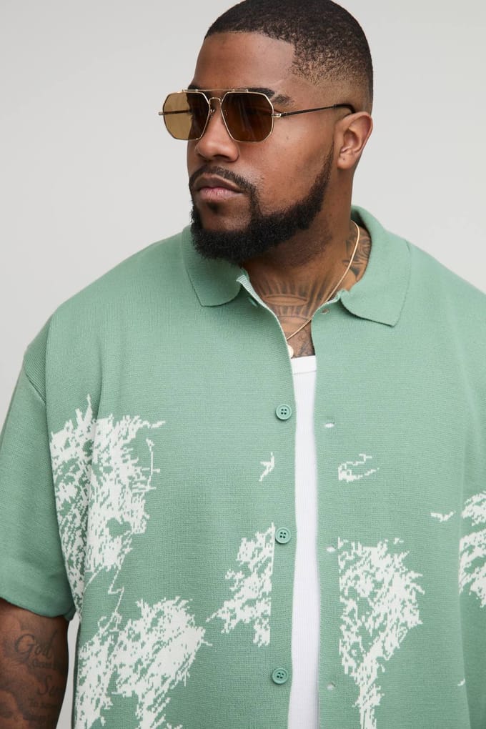 Plus Relaxed Palm Print Jacquard Gebreide Overhemd | Sage | Size 2XL