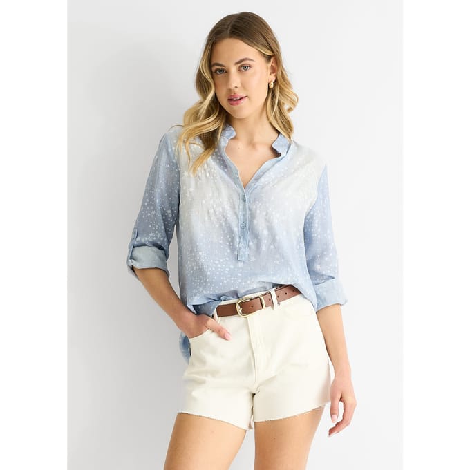 Blauwe denim look oversized top met opgerolde mouwen
