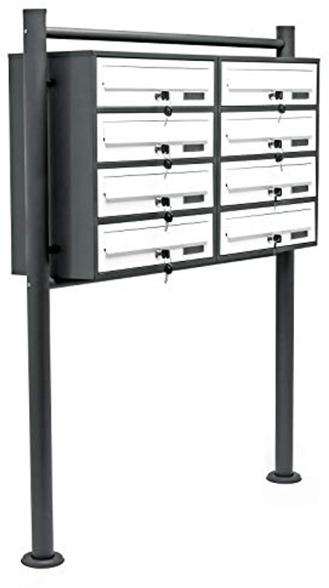 Mailboxsysteem met 8 brievenbussen en staande voet, poedercoating antraciet-wit