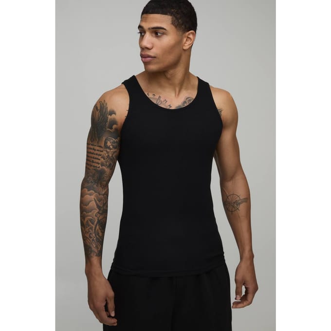 Essential Muscle Fit Ribbed Vest | Black | Size Small