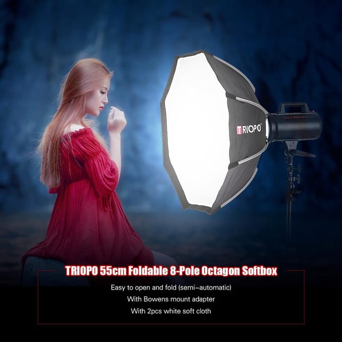 TRIOPO 55cm Octagon Softbox + Soft Cloth Bowens Mount voor Studio Flitslicht 55cm white