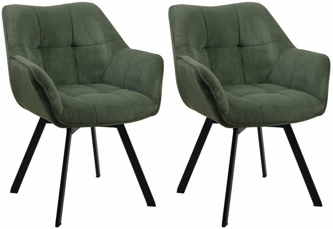 CLP Jordi Set van 2 eetkamerstoelen - Met armleuning - Metaal frame - Ribstof/groen