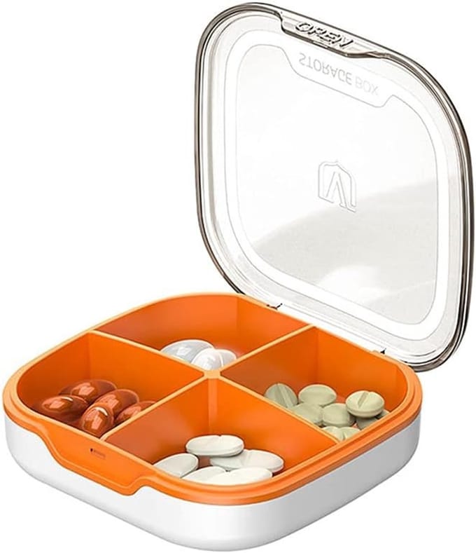 Handige Pillendoos met 4 Compartimenten - Draagbare en Compacte Oplossing voor Medicijnen - Wit en Oranje