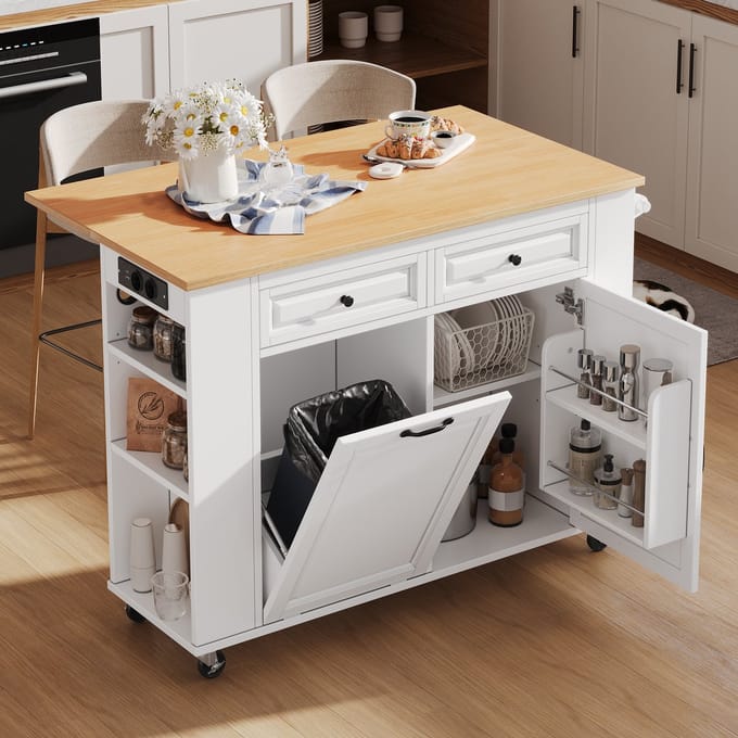 Keukeneiland - Uitschuifbare Eettafel met Afvalbakvak en Handdoekhouder - Mobiel Serveertrolley - MDF - Wit