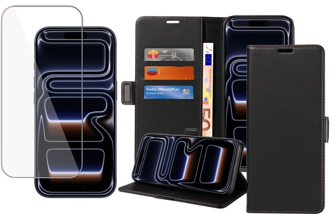 Book Case & Screenprotector geschikt voor iPhone 17 Pro Max Hoesje Screenprotector - Gehard Glas Cover + Magnetische Sluiting - Portemonnee Rustic Zwart