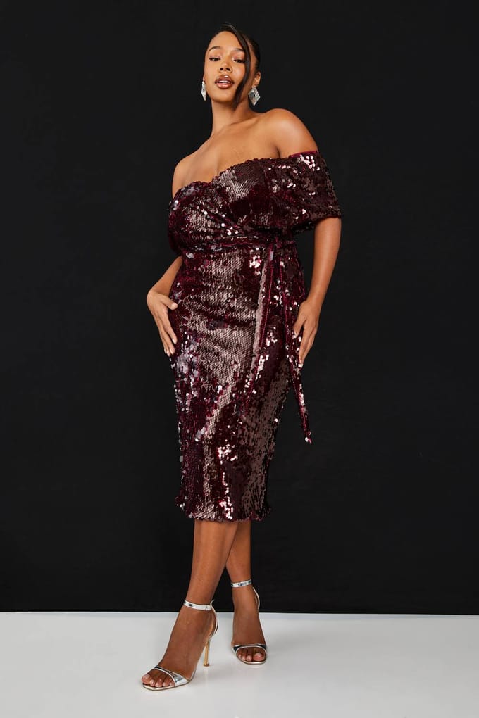 boohoo Dames Plus Premium Pailletten Off The Shoulder Midi Jurk | Malbec | Maat: 16