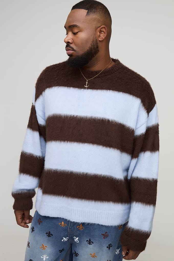 Plus Oversized Boxy Crew Neck Brushed Knit Chunky Stripe Jumper | Chocolate | Size 2XL