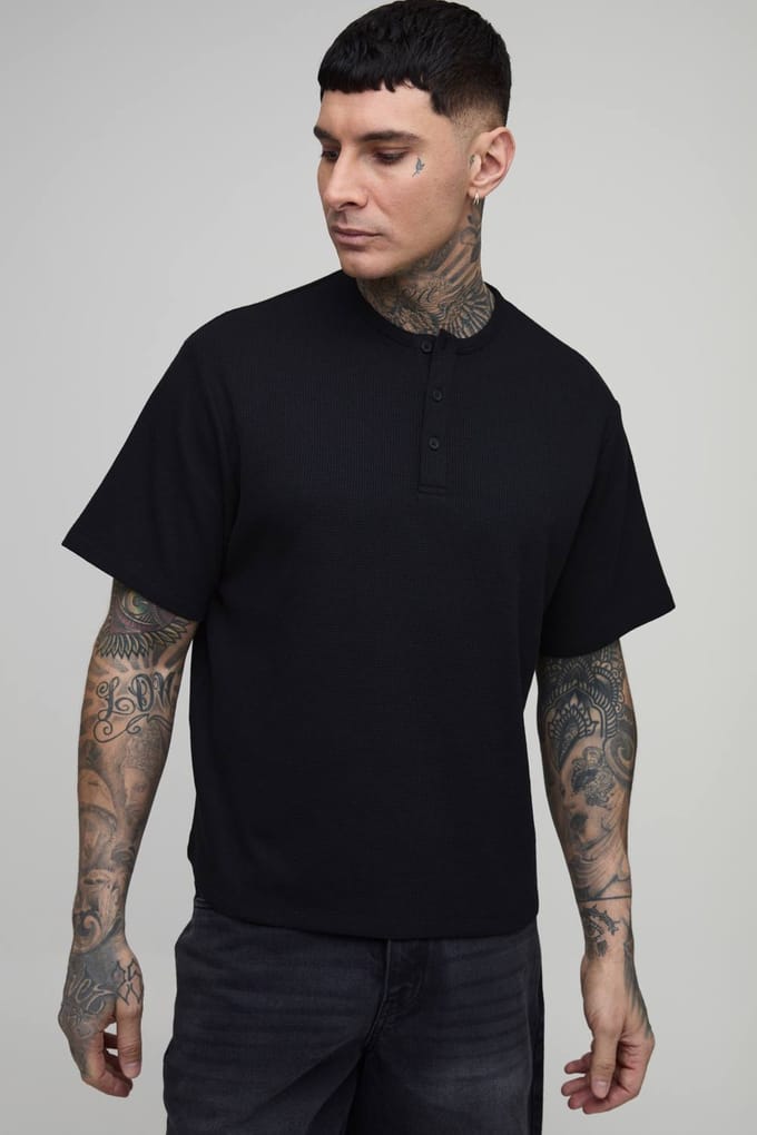 Tall Relaxed Fit Waffle Henley T-Shirt | Black | Size Medium