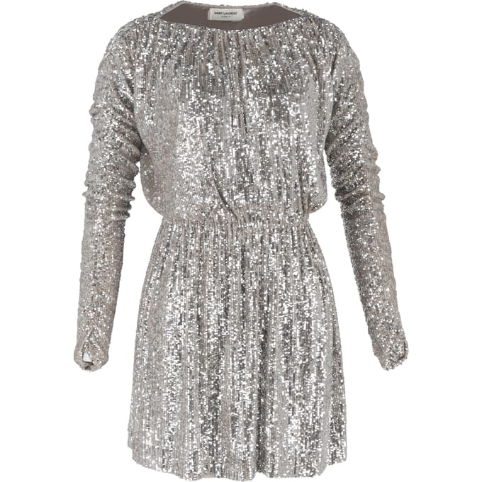 Saint Laurent mini-jurk met bateau-halslijn en pailletten in zilverkleurig polyester