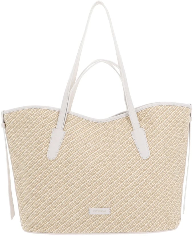 COCCINELLE Leren Shopper Handtas New Never Without Bag Bicolor Straw Handbag Mul. Blanco / Blan Beige