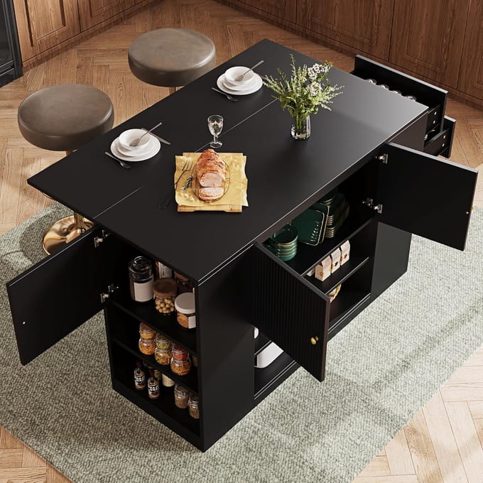 Keukeneiland Kast - Buffetkast Dressoir - Keuken Eetkamer - Inklapbaar Werkblad - 140 x 40 x 90 cm - Zwart