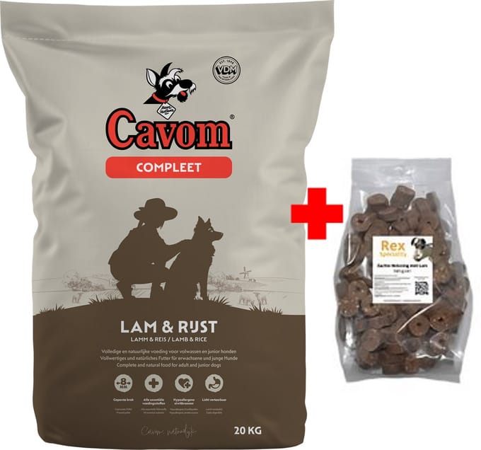 Cavom Lam & Rijst 20 kg + Rex zachte beloning lam