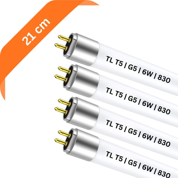 4x T5 TL buizen 21 cm – 830 Warm Wit 3000K – 6W – G5 fitting – Ø 1.6 cm