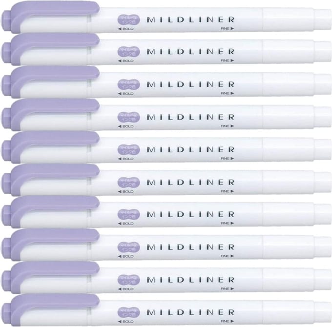 Zebra Mildliner Double-Sided Highlighter - Fine / Bold – Mild Violet Set van 10 + een Luxe Zipperbag - WKT7-MVI / Violet