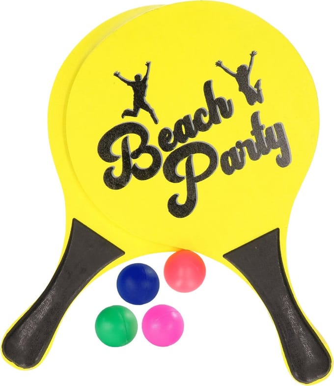 Houten beachball set - geel - met extra reserve balletjes - strand/camping spelletjes