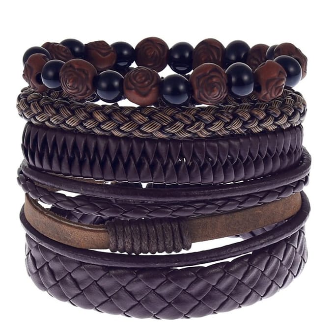 Fako Bijoux® - Leren Armband - Leder - Set Vintage Kralen - Rose - Bruin