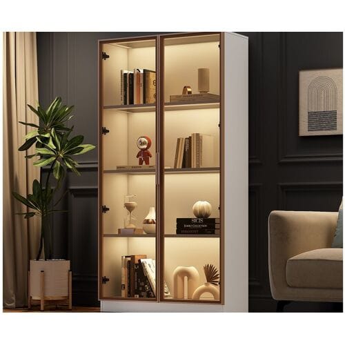 Merax Vitrine met 2 glazen deuren, hoog dressoir - LED's - 80 x 40 x 160 cm - spaanplaat - Wit