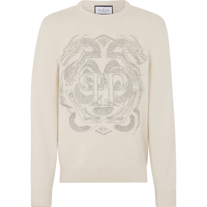 Embroidered Merino Wool Round Neck Pullover Hexagon Dragon