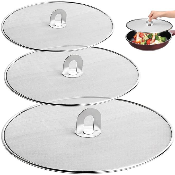 Dailygoods- Spatbescherming 3 Stuks - Roestvrij Staal - Deksel 33 cm/29 cm/25 cm - Multi-use - Zeef - Handgreep Blijft Koel
