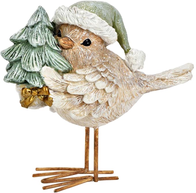 decoratief beeld Vogel met kerstboom van poly, beige/groen ideaal voor Kerst 12cmBx11cmHx5cmD