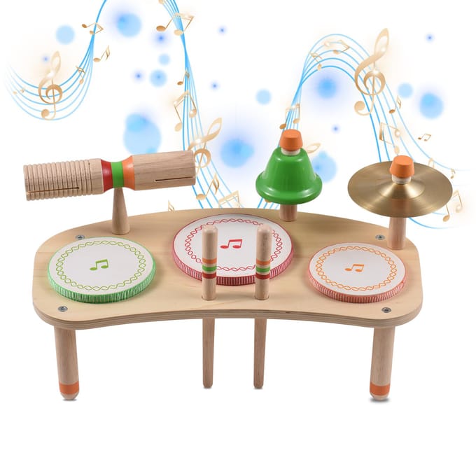 Drumset 7-in-1 Desktop Drum Draagbare Afneembare Drumkits Percussie-instrument Natuurlijk hout white