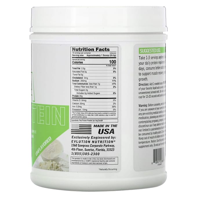 EVLution Nutrition, Protéine de pois, Non aromatisée, 1 lb (454 g)