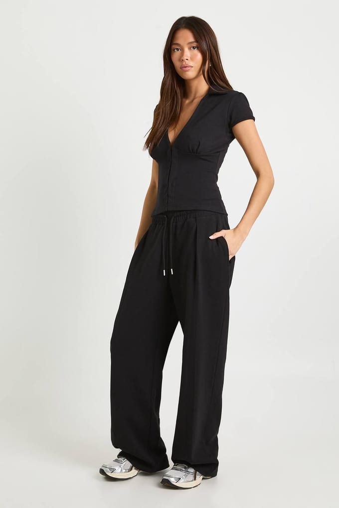 boohoo Dames Interlock wijde pijpenbroek | Zwart | Maat: 40
