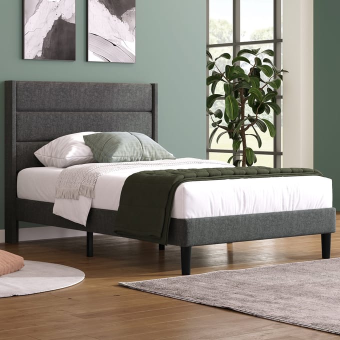 REDOM Bedframe 90x200 cm – Linnen donkergrijs – Met gepolsterd hoofdeinde & opbergruimte – Modern