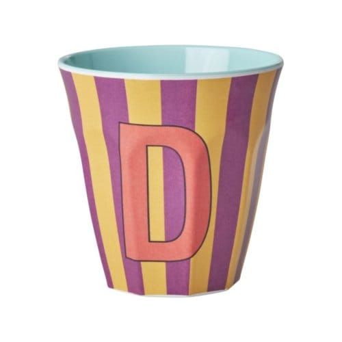 Rice melamine beker medium gestreept letter d, oranje