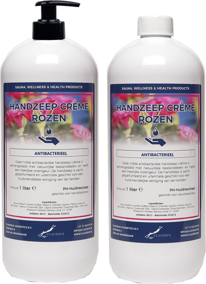 Handzeep Crème Rozen 1 liter - met gratis pomp - set van 2 stuks
