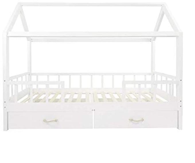 Huisbed 200 x 90 cm - Wit Kinderbed met Dak, Afneembare Valbeveiliging en Laden