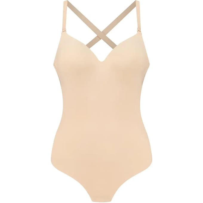 Bye BH met lage rug, bodysuit en string, beige maat S