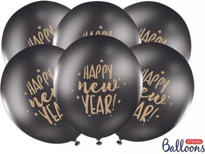 Partydeco - Ballonnen Happy New Year 6 stuks black/gold