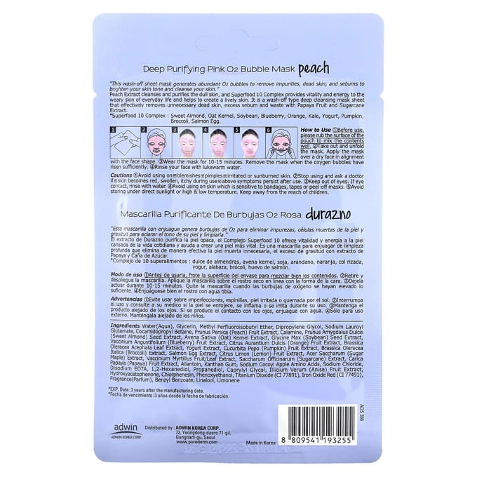 Purederm Bubbels Bubbelsgezichtsmasker Vegan Roze Perzik 20G
