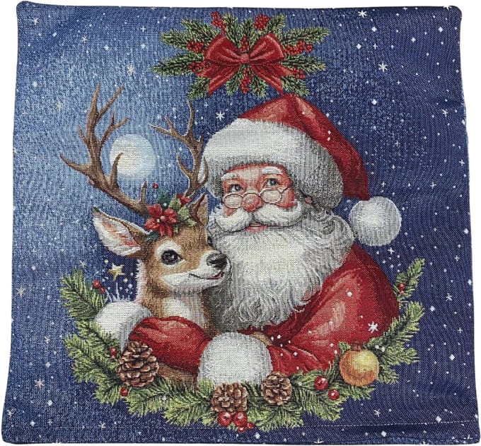 Kussenhoes - Kerst - Gobelinstof - Comet- Kerstman met Hert - 45 x 45 cm