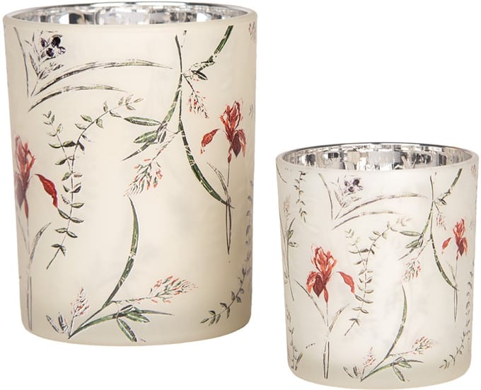 Clayre & Eef Theelichthouder Set van 2 Ø 7x8 / 10x13 cm Beige Glas Bloemen