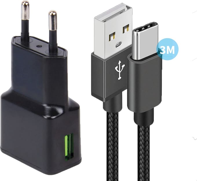 Usb-C Oplader 15w voor Galaxy A32 5G A52 A52s A72 - 3 Meter - Adaptive Fast Charge - Usb-C naar usb-A Kabel