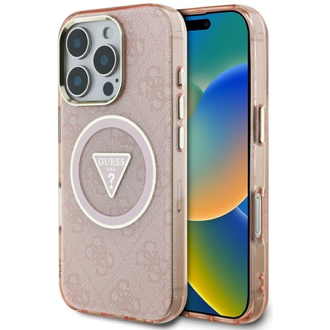 MagSafe hoesje voor Apple iPhone 16 Pro Max, Guess, IML Glitter 4G Circle Triangle, Roze