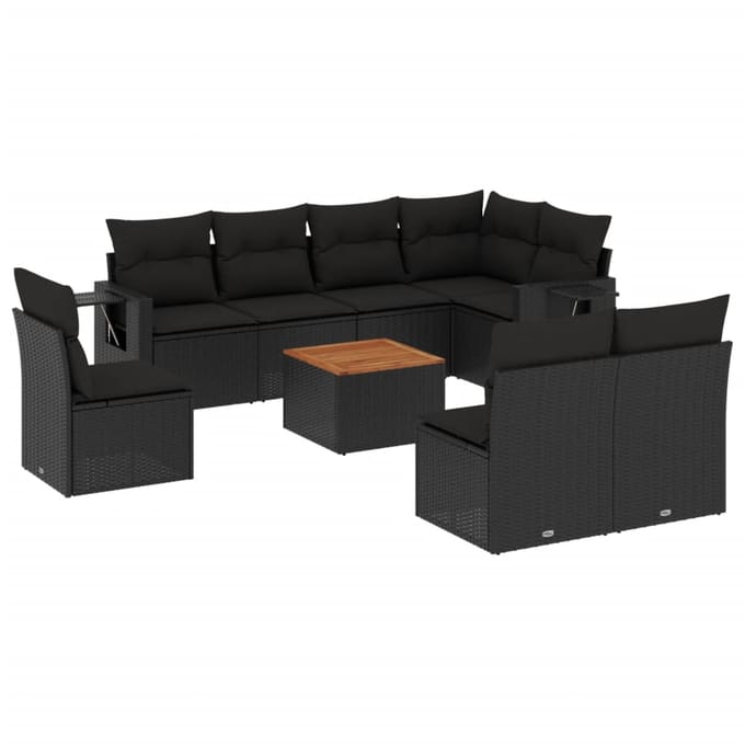 vidaXL - 9-delige - Loungeset - met - kussens - poly - rattan - zwart